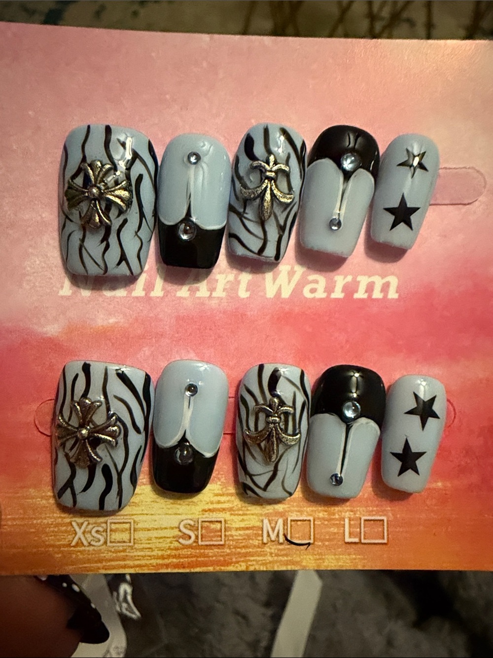 Baby blue & White Zebra Star Accent handmade acrylic Press-On Nails